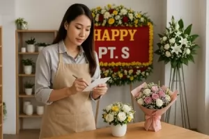 florist memeriksa ceklis pesanan karangan bunga